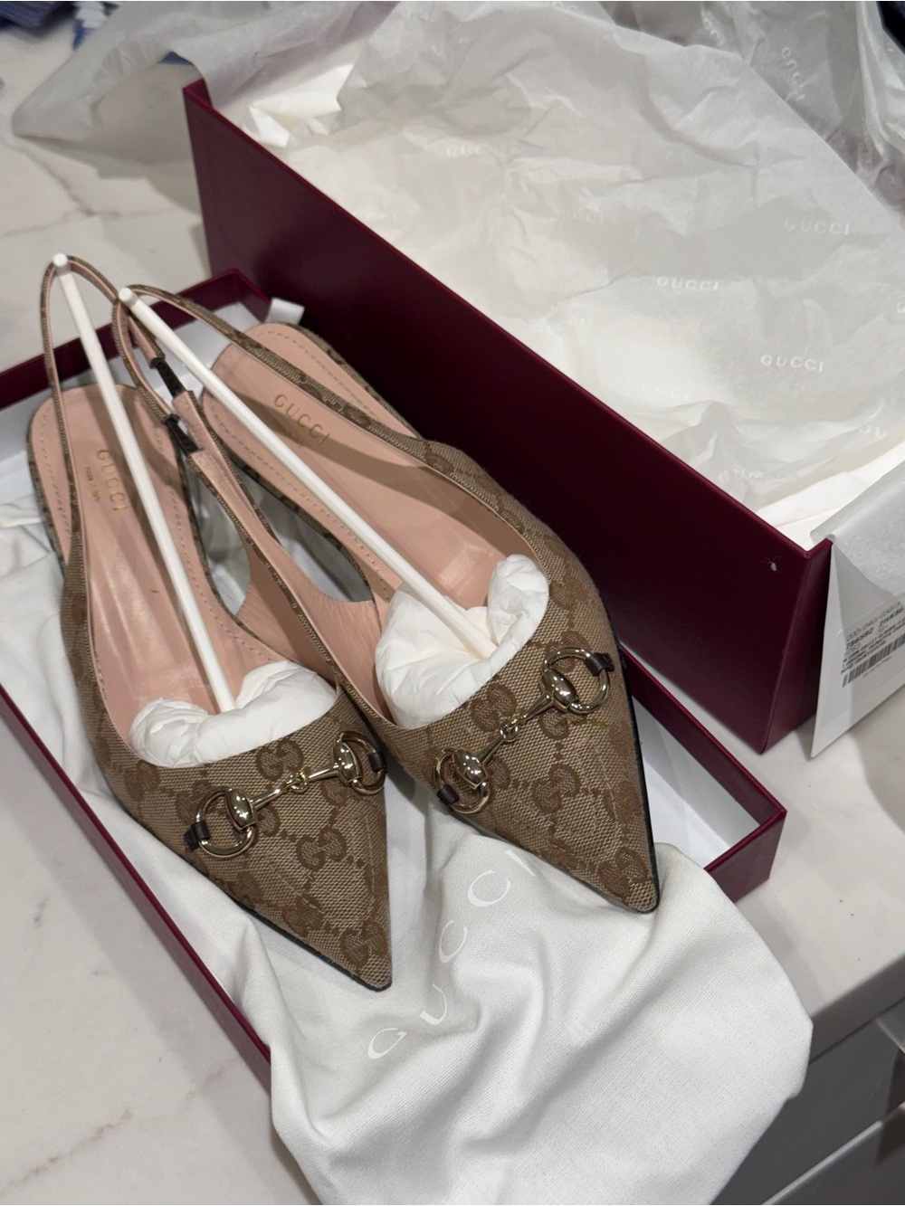 Gucci Beige GG Canvas Pointed-Toe Slingback Flats with Horsebit - Picture 4 of 10